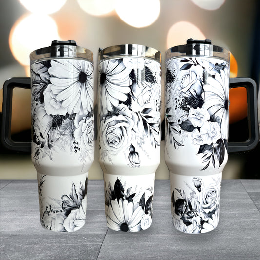 Black and White Floral 40oz Tumbler