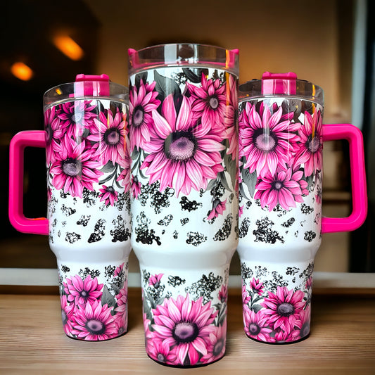 Pink Daisies and Cow Print 40oz Tumbler