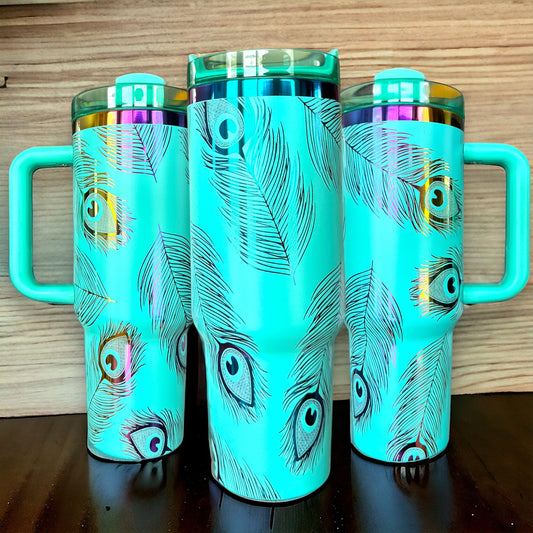 40oz Engraved Rainbow Tumbler Peacock Feathers - Color options available!